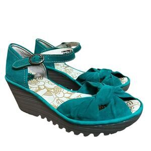 Fly London Green Suede Yoel Wedge Sandals Size 39 Ankle Strap 8-8.5